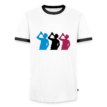 3 friends drinking beer - Men's Ringer Shirt - white/black - Front - AI Model Female 172 light (172cm) & AI Model Male 178 dark (178cm)