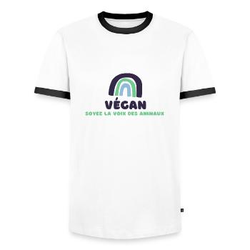 "Soyez végan, soyez la voix des animaux" - T-shirt contrasté Homme - blanc/noir - Devant - AI Model Female 172 light (172cm) & AI Model Male 178 dark (178cm)