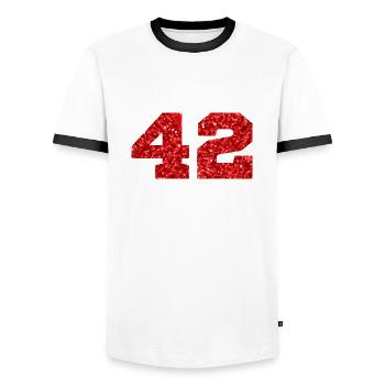 Number 42 Red Glitter - 42nd Anniversary - Men's Ringer Shirt - white/black - Front - AI Model Female 172 light (172cm) & AI Model Male 178 dark (178cm)