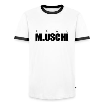 Frau M.Uschi - Männer Kontrast-T-Shirt - Weiß/Schwarz - Vorne - AI Model Female 172 light (172cm) & AI Model Male 178 dark (178cm)