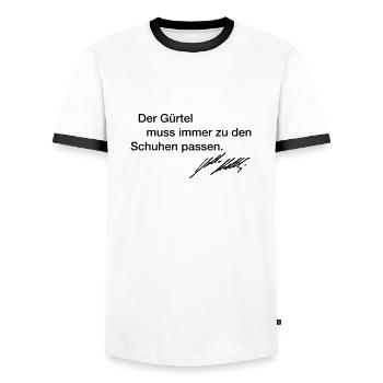Lothar Matthäus Frauen T-Shirt "Der Gürtel" - Männer Kontrast-T-Shirt - Weiß/Schwarz - Vorne - AI Model Female 172 light (172cm) & AI Model Male 178 dark (178cm)
