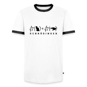 Schrödinger Katze - Männer Kontrast-T-Shirt - Weiß/Schwarz - Vorne - AI Model Female 172 light (172cm) & AI Model Male 178 dark (178cm)