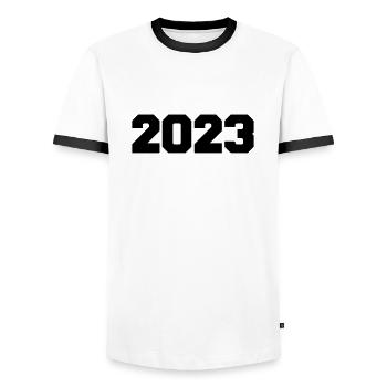 2023 - Men's Ringer Shirt - white/black - Front - AI Model Female 172 light (172cm) & AI Model Male 178 dark (178cm)
