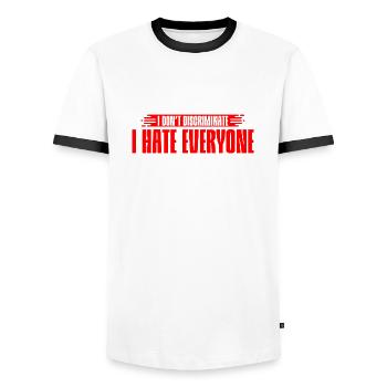 Je ne fais pas de discrimination, je déteste tout le monde 7 - T-shirt contrasté Homme - blanc/noir - Devant - AI Model Female 172 light (172cm) & AI Model Male 178 dark (178cm)