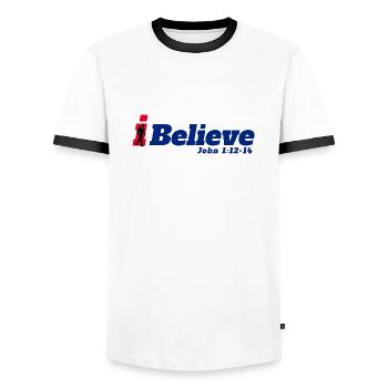Ich glaube - Christliche Kleidung - Männer Kontrast-T-Shirt - Weiß/Schwarz - Vorne - AI Model Female 172 light (172cm) & AI Model Male 178 dark (178cm)
