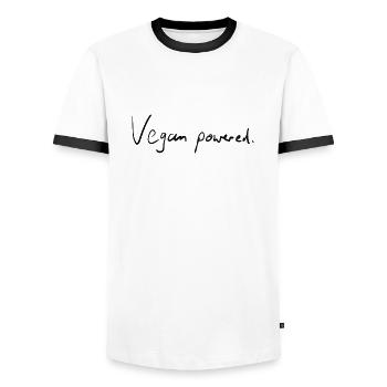 Vegan powered. - Men's Ringer Shirt - white/black - Front - AI Model Female 172 light (172cm) & AI Model Male 178 dark (178cm)
