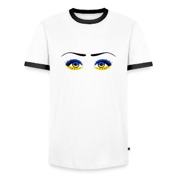 Ukraine Eye Solidarity - Men's Ringer Shirt - white/black - Front - AI Model Female 172 light (172cm) & AI Model Male 178 dark (178cm)