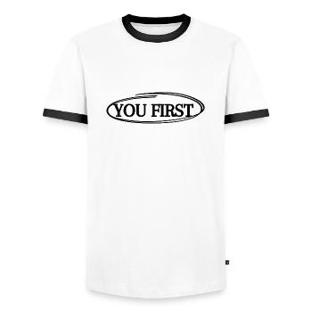 YOU FIRST - Men's Ringer Shirt - white/black - Front - AI Model Female 172 light (172cm) & AI Model Male 178 dark (178cm)