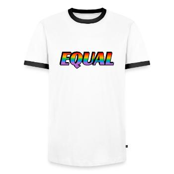 Regenbogen-Text EQUAL LGBT Pride Month - Männer Kontrast-T-Shirt - Weiß/Schwarz - Vorne - AI Model Female 172 light (172cm) & AI Model Male 178 dark (178cm)