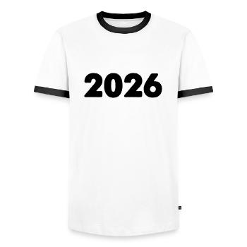2026 - Men's Ringer Shirt - white/black - Front - AI Model Female 172 light (172cm) & AI Model Male 178 dark (178cm)