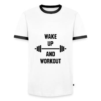 ★ Designfarben änderbar ★ Wake up and workout - Männer Kontrast-T-Shirt - Weiß/Schwarz - Vorne - AI Model Female 172 light (172cm) & AI Model Male 178 dark (178cm)