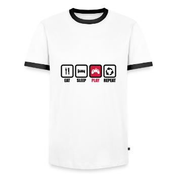 eat sleep play repeat : geek,gamer,gaming,games - Men's Ringer Shirt - white/black - Front - AI Model Female 172 light (172cm) & AI Model Male 178 dark (178cm)