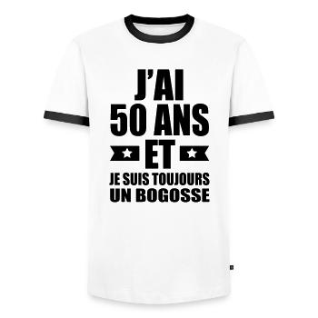 j'ai 50 ans et je suis toujours un bogosse - T-shirt contrasté Homme - blanc/noir - Devant - AI Model Female 172 light (172cm) & AI Model Male 178 dark (178cm)