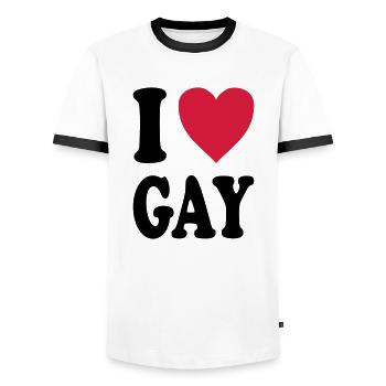 I love gay - Men's Ringer Shirt - white/black - Front - AI Model Female 172 light (172cm) & AI Model Male 178 dark (178cm)