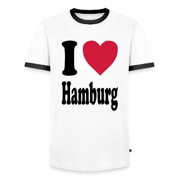 I love Hamburg - Men's Ringer Shirt - white/black - Front - AI Model Female 172 light (172cm) & AI Model Male 178 dark (178cm)