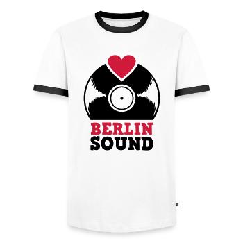Sound record Hood Chiller Berlin - Men's Ringer Shirt - white/black - Front - AI Model Female 172 light (172cm) & AI Model Male 178 dark (178cm)