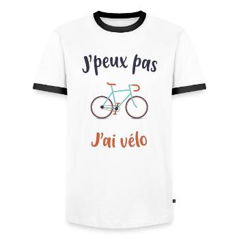 J'peux pas j'ai vélo, idée cadeau vélo - T-shirt contrasté Homme - blanc/noir - Devant - AI Model Female 172 light (172cm) & AI Model Male 178 dark (178cm)