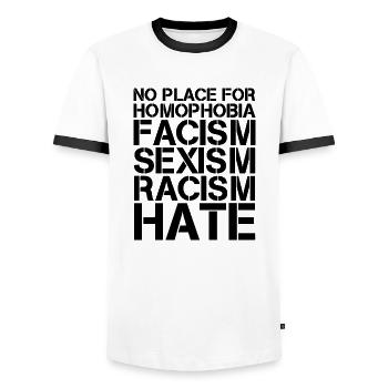Facism Racism Has Tolerance Human Rights - Men's Ringer Shirt - white/black - Front - AI Model Female 172 light (172cm) & AI Model Male 178 dark (178cm)