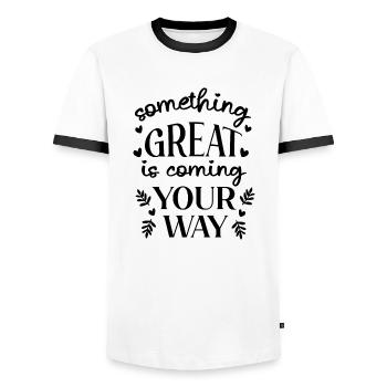 Something Great Is Coming Your Way - Men's Ringer Shirt - white/black - Front - AI Model Female 172 light (172cm) & AI Model Male 178 dark (178cm)
