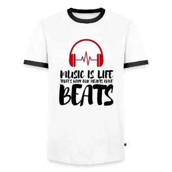 La musique, c’est la vie et c’est pourquoi la vie bat - T-shirt contrasté Homme - blanc/noir - Devant - AI Model Female 172 light (172cm) & AI Model Male 178 dark (178cm)