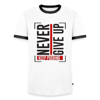 NEVER GIVE UP KEEP PUSHING - Männer Kontrast-T-Shirt - Weiß/Schwarz - Vorne - AI Model Female 172 light (172cm) & AI Model Male 178 dark (178cm)