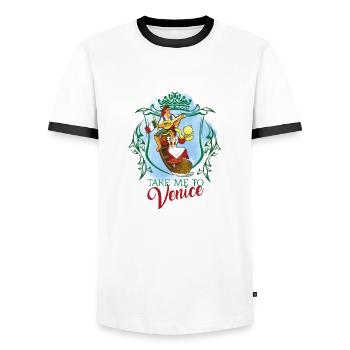 TAKE ME TO VENICE - Men's Ringer Shirt - white/black - Front - AI Model Female 172 light (172cm) & AI Model Male 178 dark (178cm)