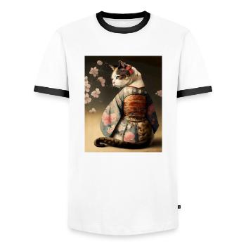 chatmurai 10 - Men's Ringer Shirt - white/black - Front - AI Model Female 172 light (172cm) & AI Model Male 178 dark (178cm)