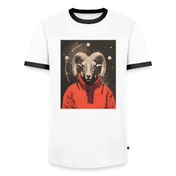Aries Ram Surrealistic Collage - Men's Ringer Shirt - white/black - Front - AI Model Female 172 light (172cm) & AI Model Male 178 dark (178cm)