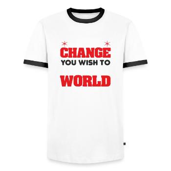 Be the CHANGE - you wish to see in the WORLD - Männer Kontrast-T-Shirt - Weiß/Schwarz - Vorne - AI Model Female 172 light (172cm) & AI Model Male 178 dark (178cm)