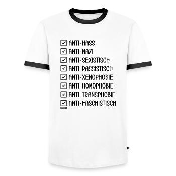 Unity & Respect: Für Gleichheit und gegen Hass - Männer Kontrast-T-Shirt - Weiß/Schwarz - Vorne - AI Model Female 172 light (172cm) & AI Model Male 178 dark (178cm)