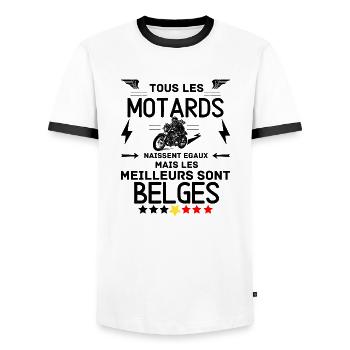 THE BEST BIKERS ARE BELGIAN - Men's Ringer Shirt - white/black - Front - AI Model Female 172 light (172cm) & AI Model Male 178 dark (178cm)