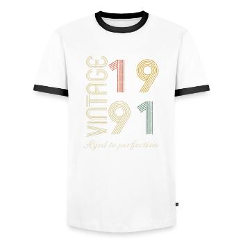 33 Year Anniversary Gift - 1991 - Men's Ringer Shirt - white/black - Front - AI Model Female 172 light (172cm) & AI Model Male 178 dark (178cm)