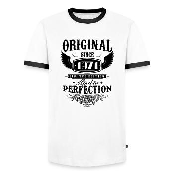 Perfection 1971 -53rd Anniversary,Original - Men's Ringer Shirt - white/black - Front - AI Model Female 172 light (172cm) & AI Model Male 178 dark (178cm)