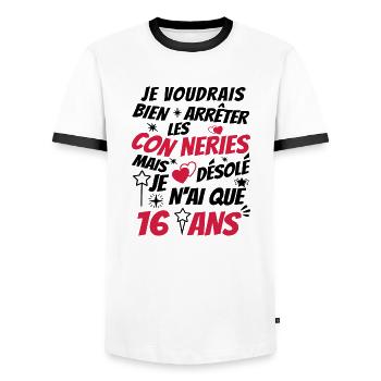 j'ai 16 ans / t-shirt anniversaire 16 ans - T-shirt contrasté Homme - blanc/noir - Devant - AI Model Female 172 light (172cm) & AI Model Male 178 dark (178cm)