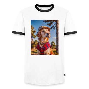 golden retriever wearing a red lumberjack shirt - Men's Ringer Shirt - white/black - Front - AI Model Female 172 light (172cm) & AI Model Male 178 dark (178cm)