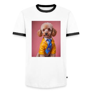 Poodle dog wearing yellow suit and a blue tie - Men's Ringer Shirt - white/black - Front - AI Model Female 172 light (172cm) & AI Model Male 178 dark (178cm)