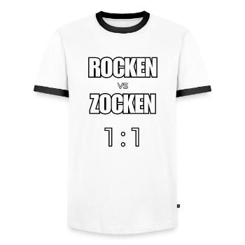 Rocken vs Zocken - Rock Gaming Vergleich - Männer Kontrast-T-Shirt - Weiß/Schwarz - Vorne - AI Model Female 172 light (172cm) & AI Model Male 178 dark (178cm)
