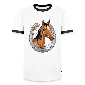 Tête de cheval dans un cadre en forme de fer à cheval - T-shirt contrasté Homme - blanc/noir - Devant - AI Model Female 172 light (172cm) & AI Model Male 178 dark (178cm)