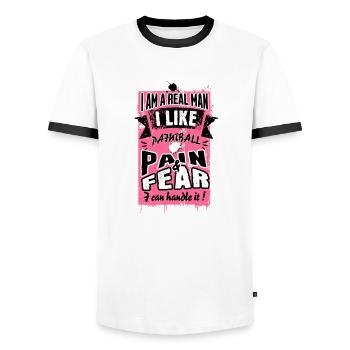 Ich bin ein echter Mann! Ich mag Paintball-Schmerzen und -Angst - Männer Kontrast-T-Shirt - Weiß/Schwarz - Vorne - AI Model Female 172 light (172cm) & AI Model Male 178 dark (178cm)