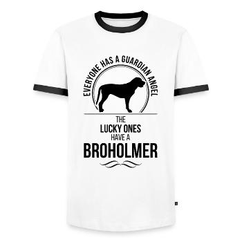 BROHOLMER Guardian Angel Dogs Saying Wilsigns - Men's Ringer Shirt - white/black - Front - AI Model Female 172 light (172cm) & AI Model Male 178 dark (178cm)