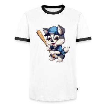 Husky Plays Baseball, Sporty Dog Design - Men's Ringer Shirt - white/black - Front - AI Model Female 172 light (172cm) & AI Model Male 178 dark (178cm)