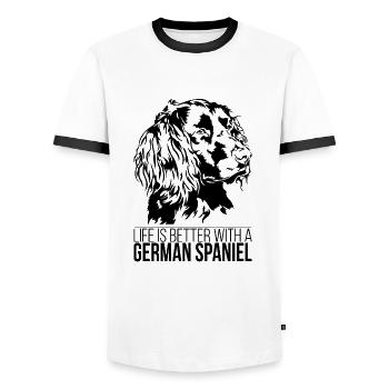 La vie de l’épagneul allemand est meilleure Dog Dog Wilsigns - T-shirt contrasté Homme - blanc/noir - Devant - AI Model Female 172 light (172cm) & AI Model Male 178 dark (178cm)