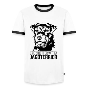 Jagdterrier life is better Dogs Dog Wilsigns - Men's Ringer Shirt - white/black - Front - AI Model Female 172 light (172cm) & AI Model Male 178 dark (178cm)