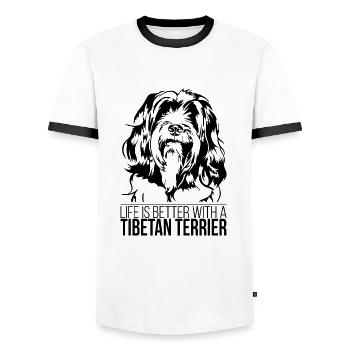 Tibetan Terrier life is better Dogs Wilsigns - Men's Ringer Shirt - white/black - Front - AI Model Female 172 light (172cm) & AI Model Male 178 dark (178cm)