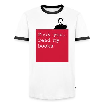 Read my books - Men's Ringer Shirt - white/black - Front - AI Model Female 172 light (172cm) & AI Model Male 178 dark (178cm)