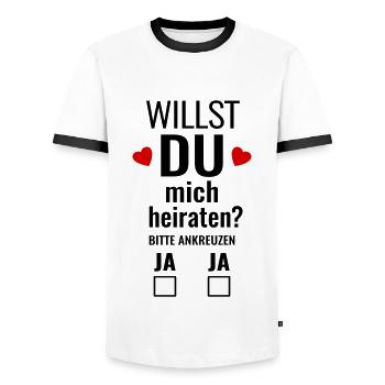 Heiratsantrag Idee lustig heiraten Heirat Hochzeit - Männer Kontrast-T-Shirt - Weiß/Schwarz - Vorne - AI Model Female 172 light (172cm) & AI Model Male 178 dark (178cm)