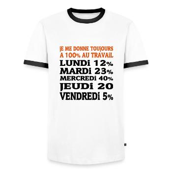 100% bei der Arbeit (2c) neu! - Männer Kontrast-T-Shirt - Weiß/Schwarz - Vorne - AI Model Female 172 light (172cm) & AI Model Male 178 dark (178cm)