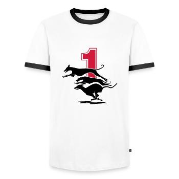 NR. 1 - Men's Ringer Shirt - white/black - Front - AI Model Female 172 light (172cm) & AI Model Male 178 dark (178cm)