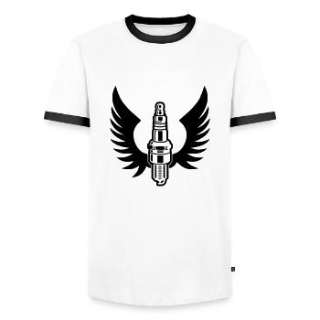 Bougie d'allumage avec moteur d'ailes mécanicien de sport automobile - T-shirt contrasté Homme - blanc/noir - Devant - AI Model Female 172 light (172cm) & AI Model Male 178 dark (178cm)