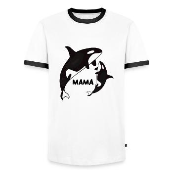Mama Orca with Cub, Ocean Animal, Mother - Men's Ringer Shirt - white/black - Front - AI Model Female 172 light (172cm) & AI Model Male 178 dark (178cm)